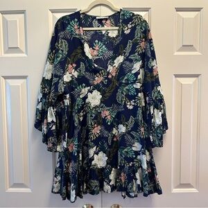 Label Of Love Blue Tropical Floral Flare Sleeve Dress
